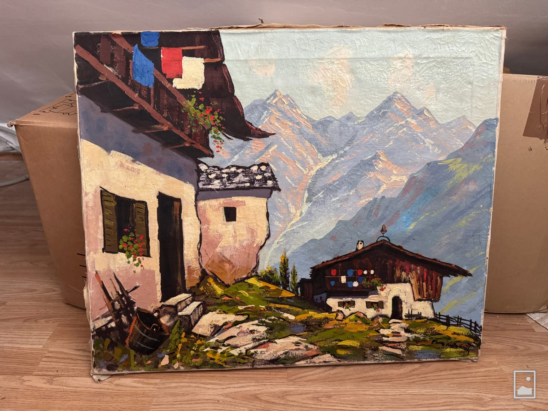 Ismeretlen festő – Alpesi házak hegyekkel, feltehetően 1930–1970