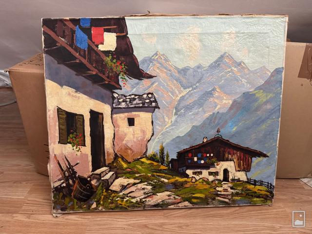 Ismeretlen festő – Alpesi házak hegyekkel, feltehetően 1930–1970